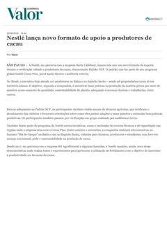 Nestlé lança novo formato de apoio a produtores de cacau